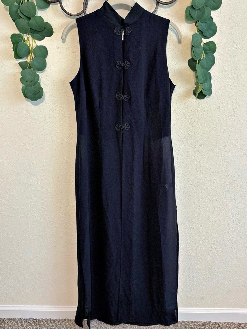 Vintage 90s Whimsigoth Black Mandarin Collar Sheer Maxi Top✨